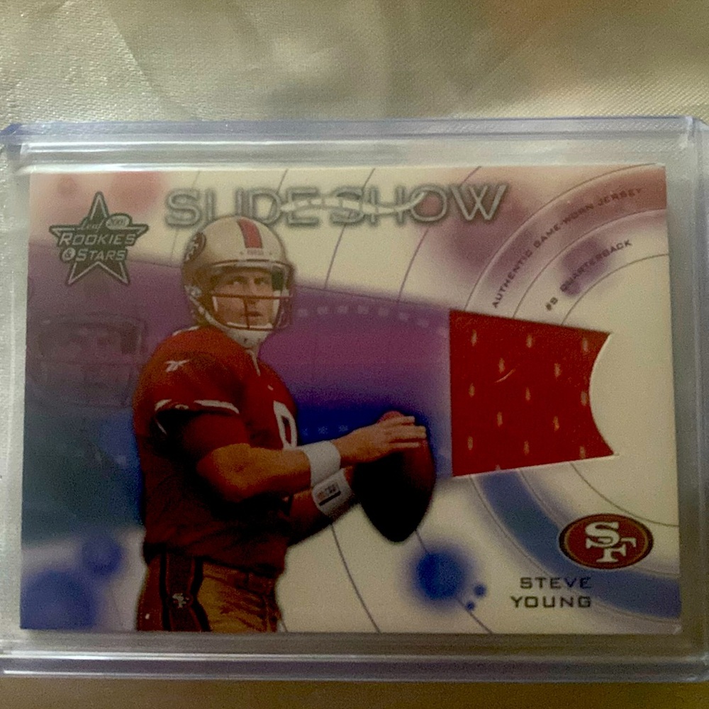 2001 Rookies And Stars Steve Young Slideshow Game Worn Jersey Card #’d 43/100